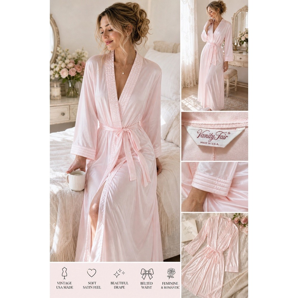 Vintage Vanity Fair Pink Satin Trim Robe M Long Sleeve Belted Made In USA